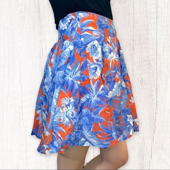 J. Crew Women's Sz. 2 Orange Blue Floral 100% Cotton Mini Skirt Yoke Waist Boho - Picture 2 of 11